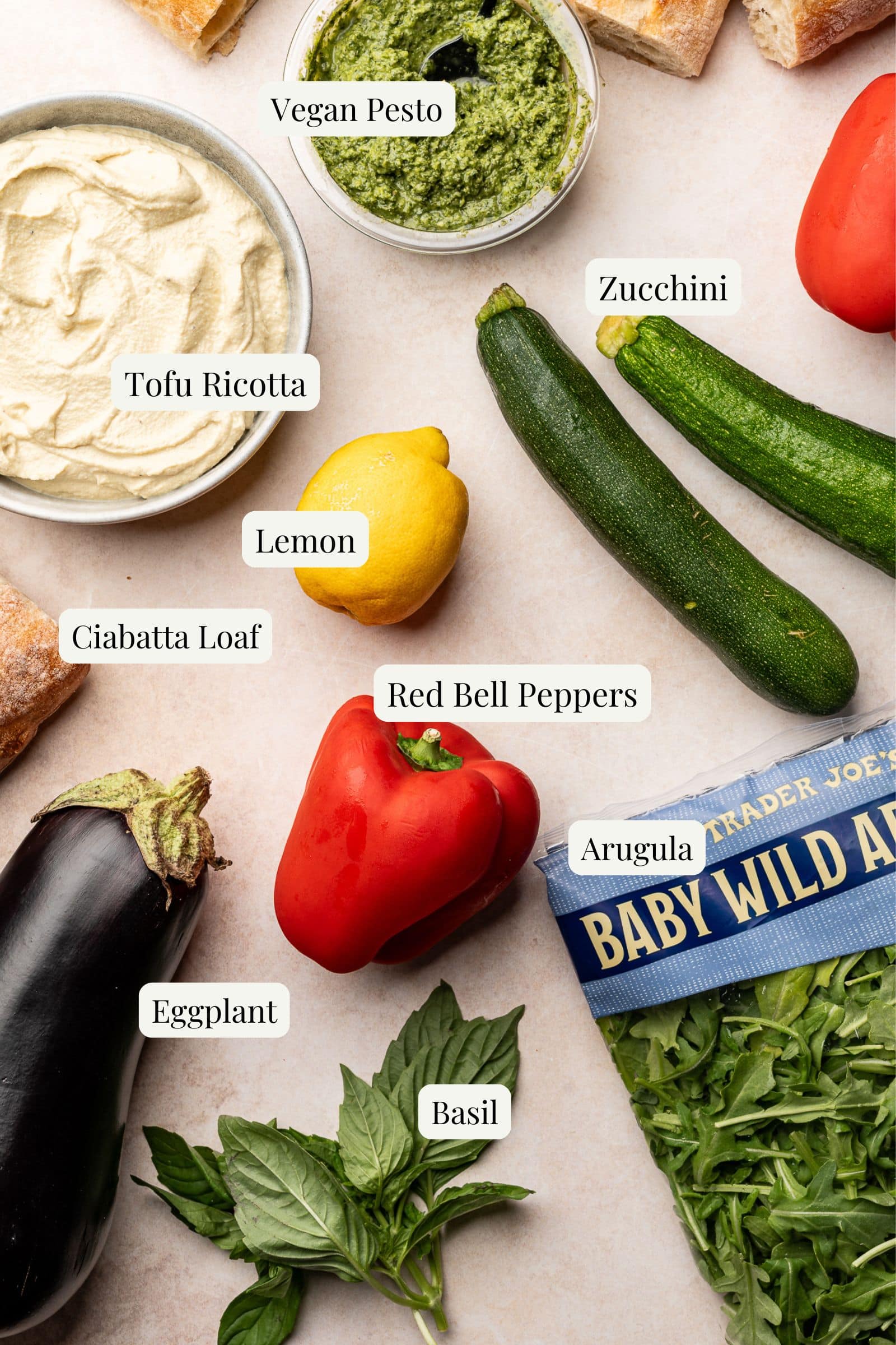 Labeled ingredients for eggplant vegetable sandwich.