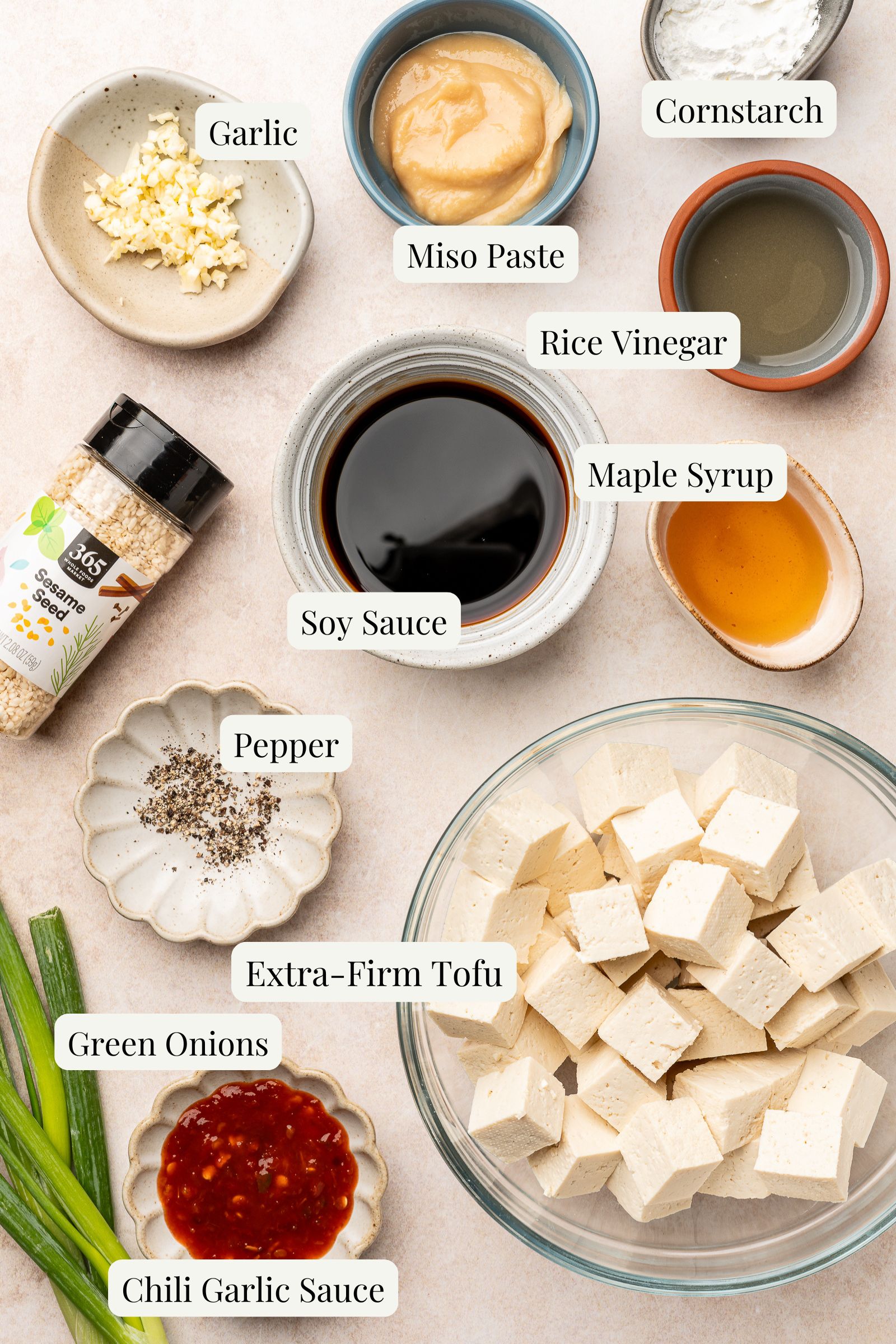 Miso glazed tofu ingredients labeled.