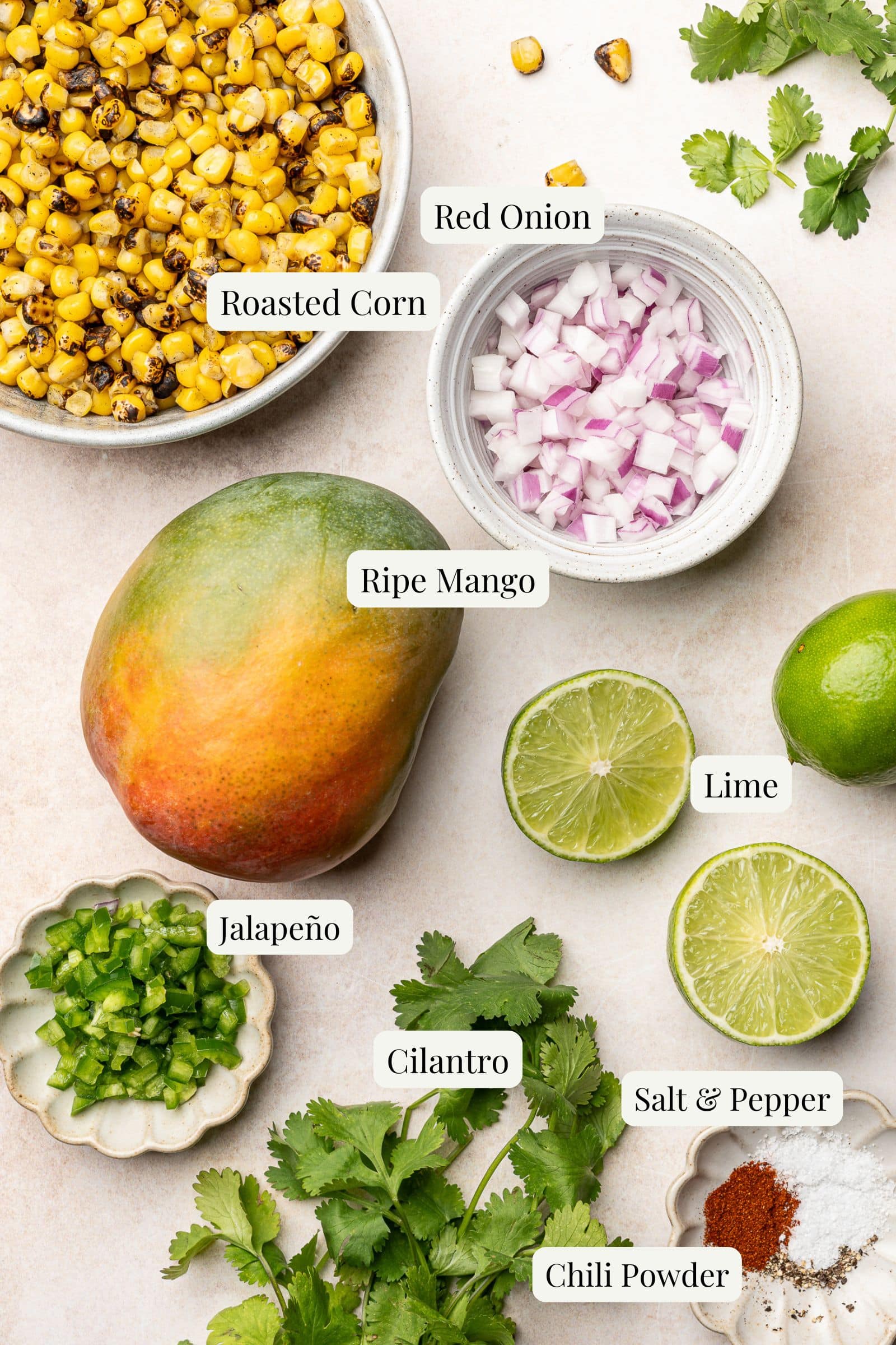 Labeled ingredients for mango corn salsa.