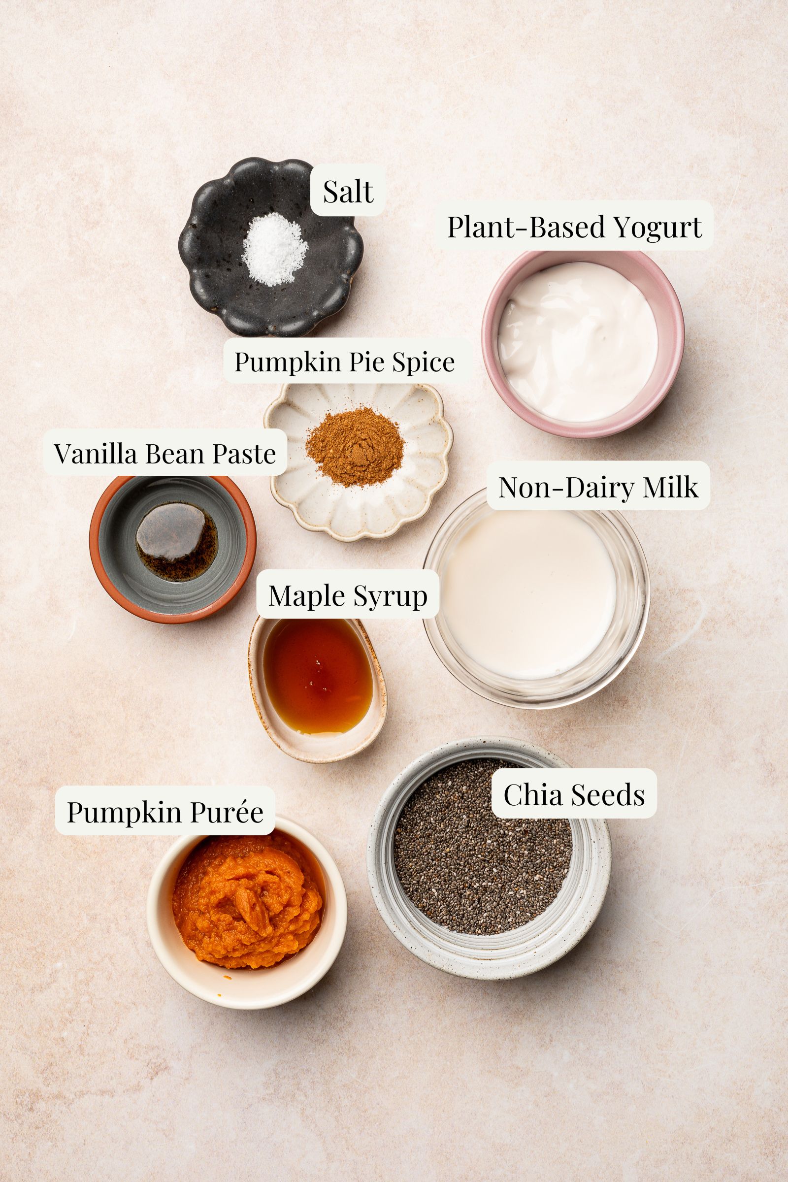 Labeled ingredients for pumpkin pie chia pudding.