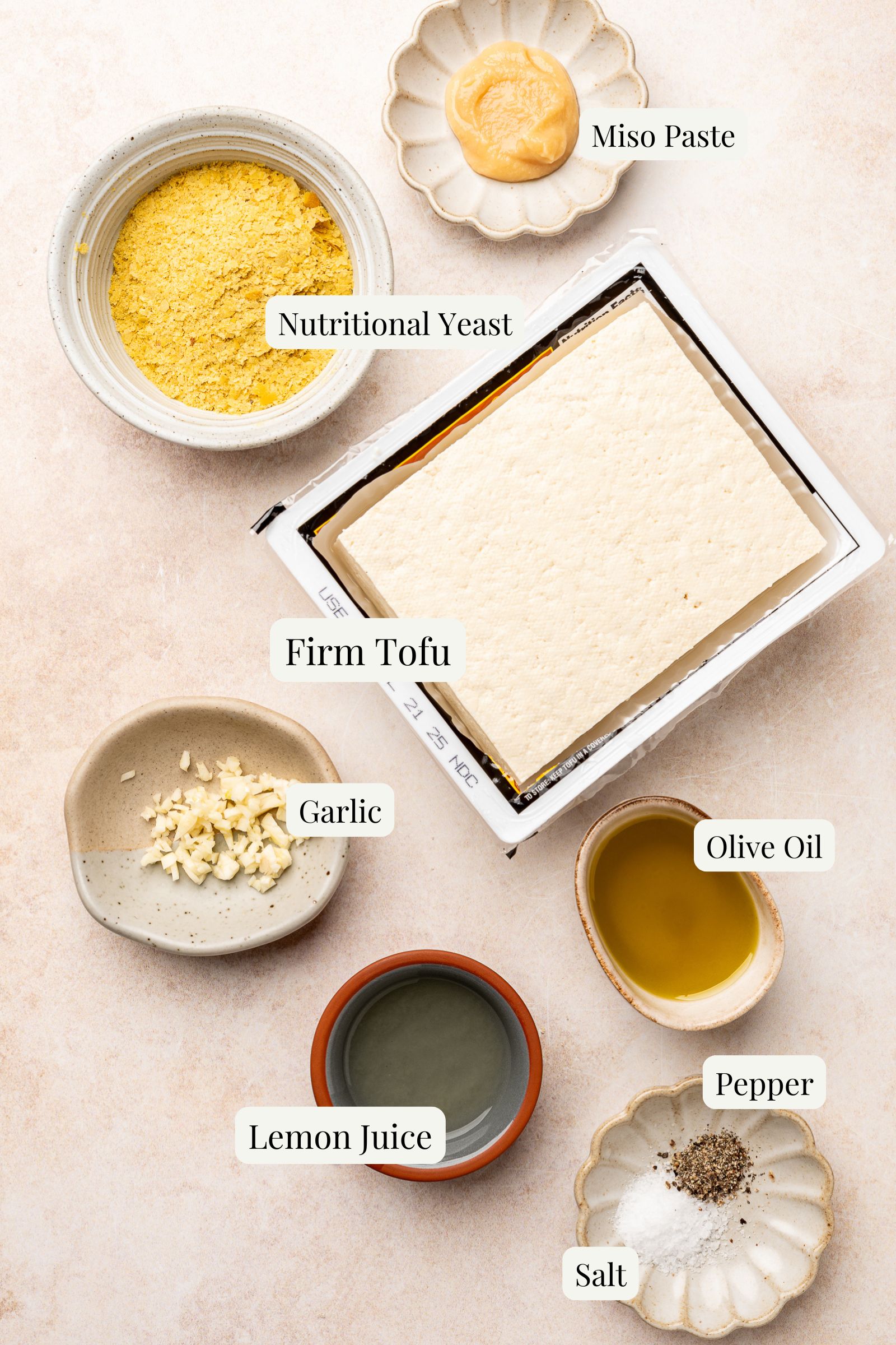 Labeled ingredients for tofu ricotta.