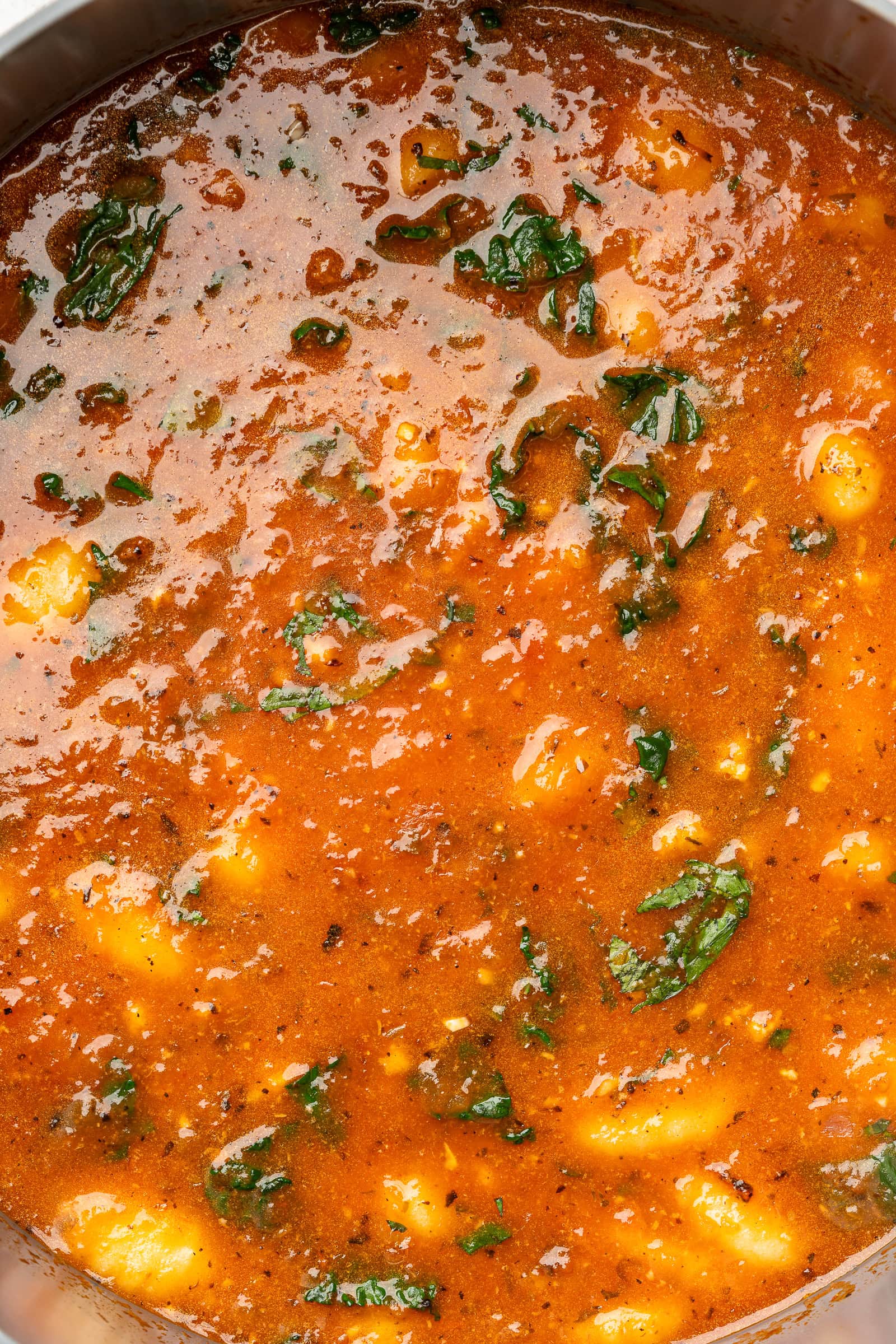 Gnocchi tomato soup in a large soup pot.