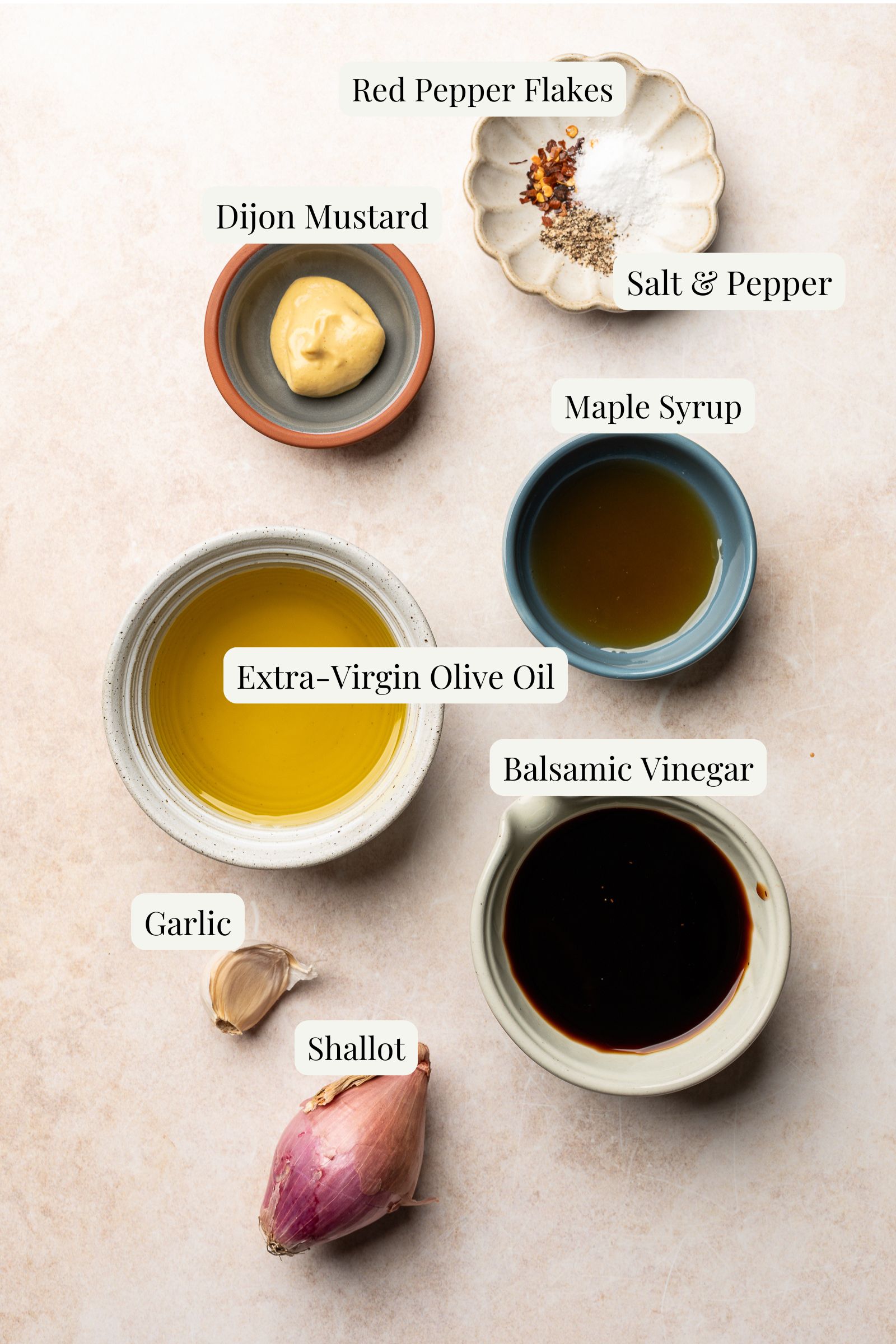 Labeled ingredients for balsamic maple dressing.
