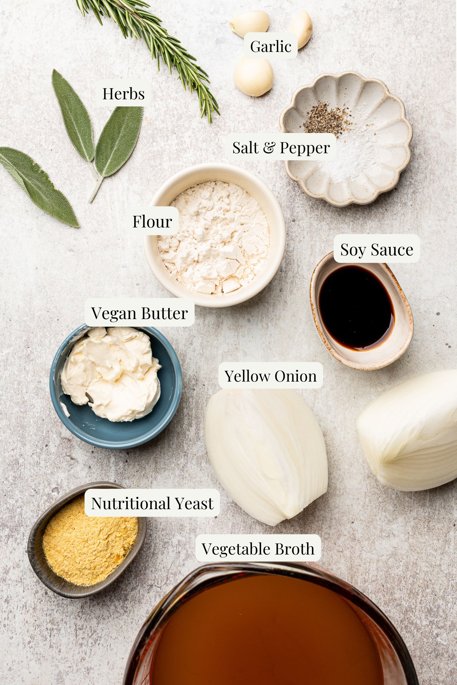 Labeled ingredients for vegan gravy.