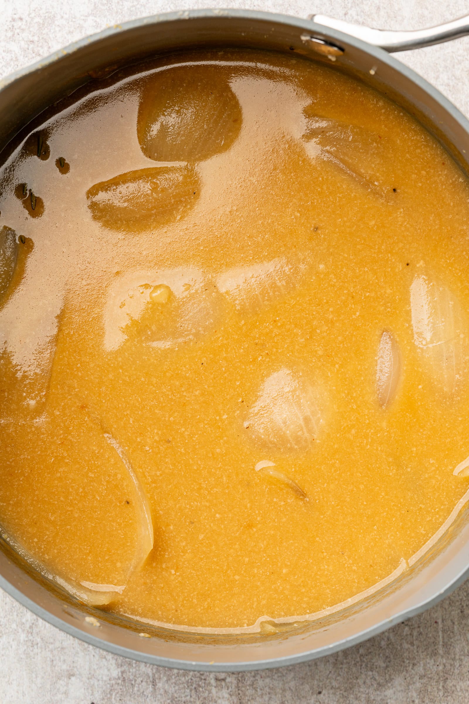 Simmered vegan gravy before straining.