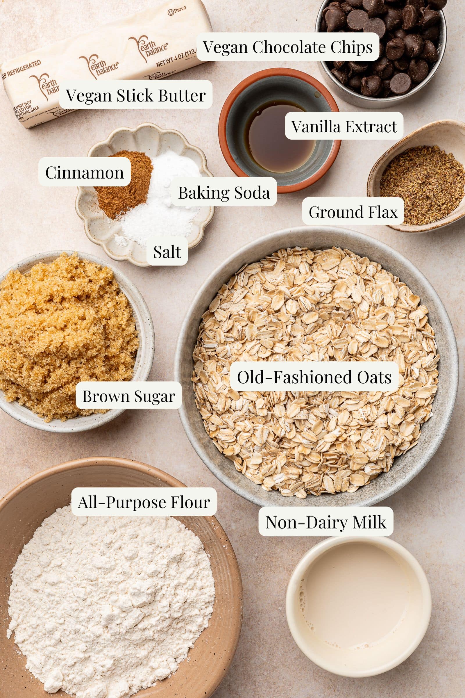 Labeled ingredients for vegan oatmeal chocolate chip cookies.