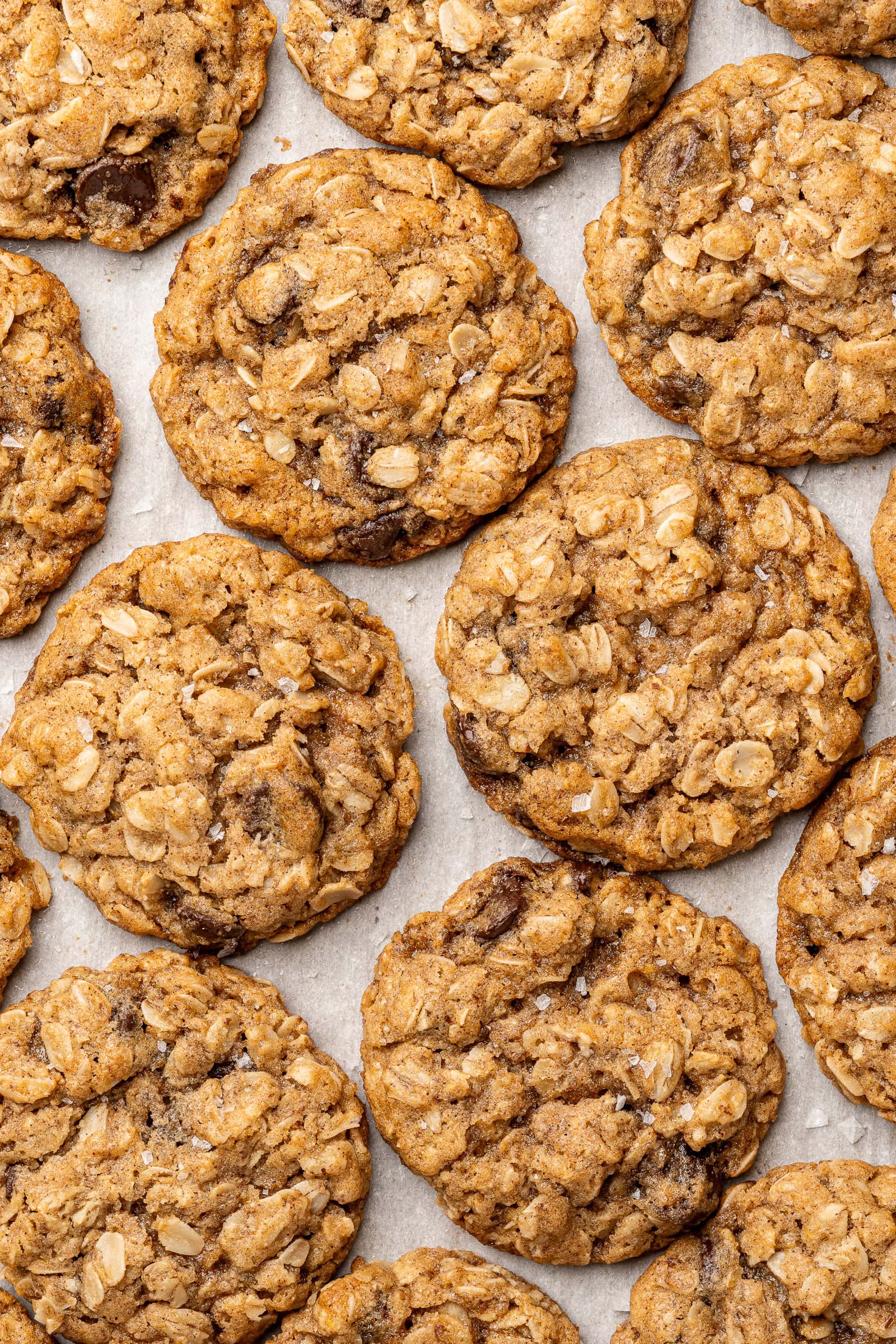 Close up vegan oatmeal chocolate chip cookies with flaky salt.