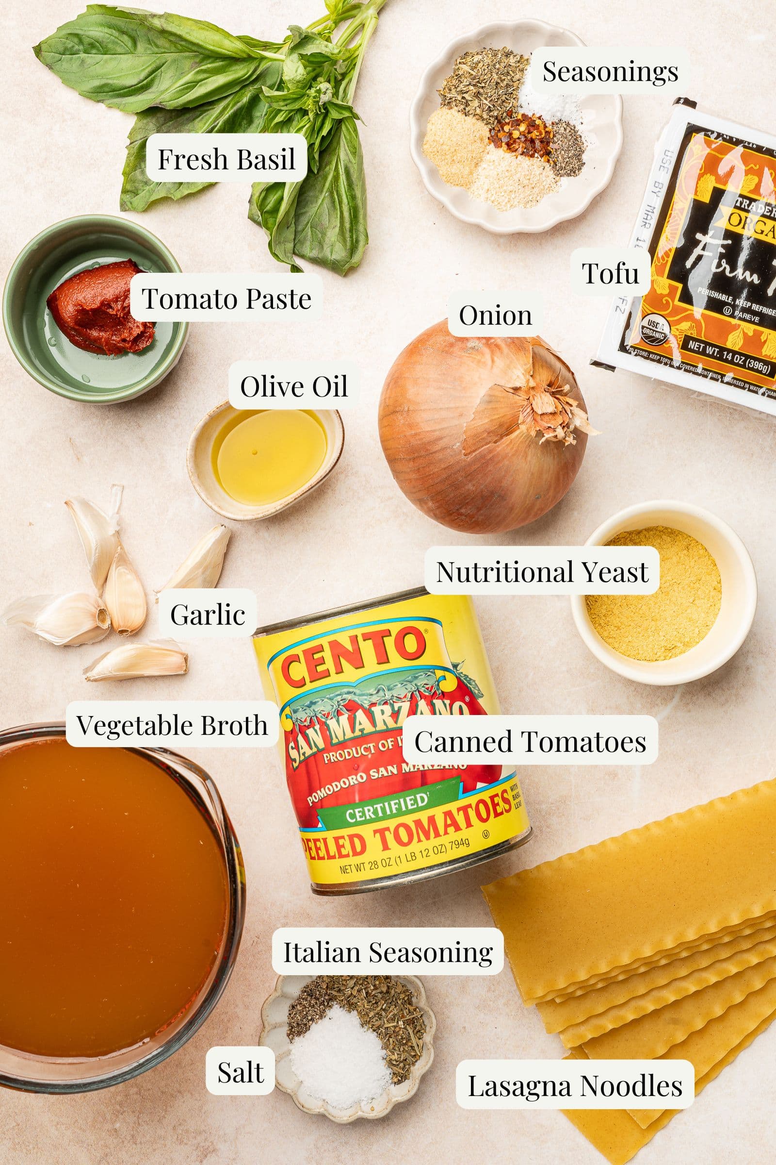 Labeled ingredients for vegan lasagna soup.
