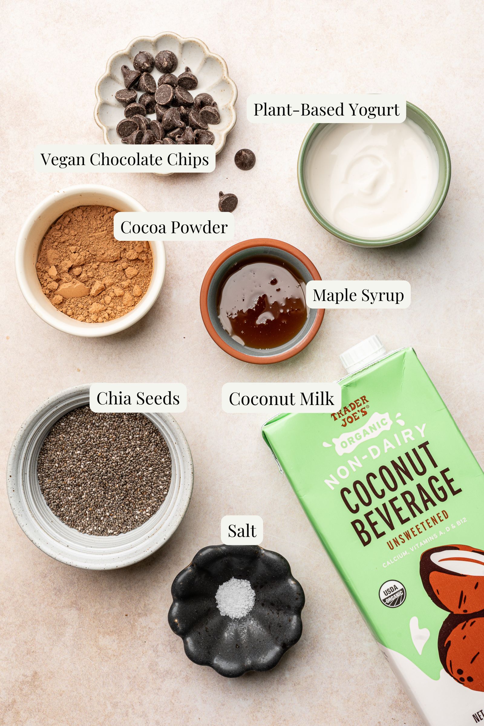 Labeled and measured ingredients for coconut milk chocolate chia pudding.
