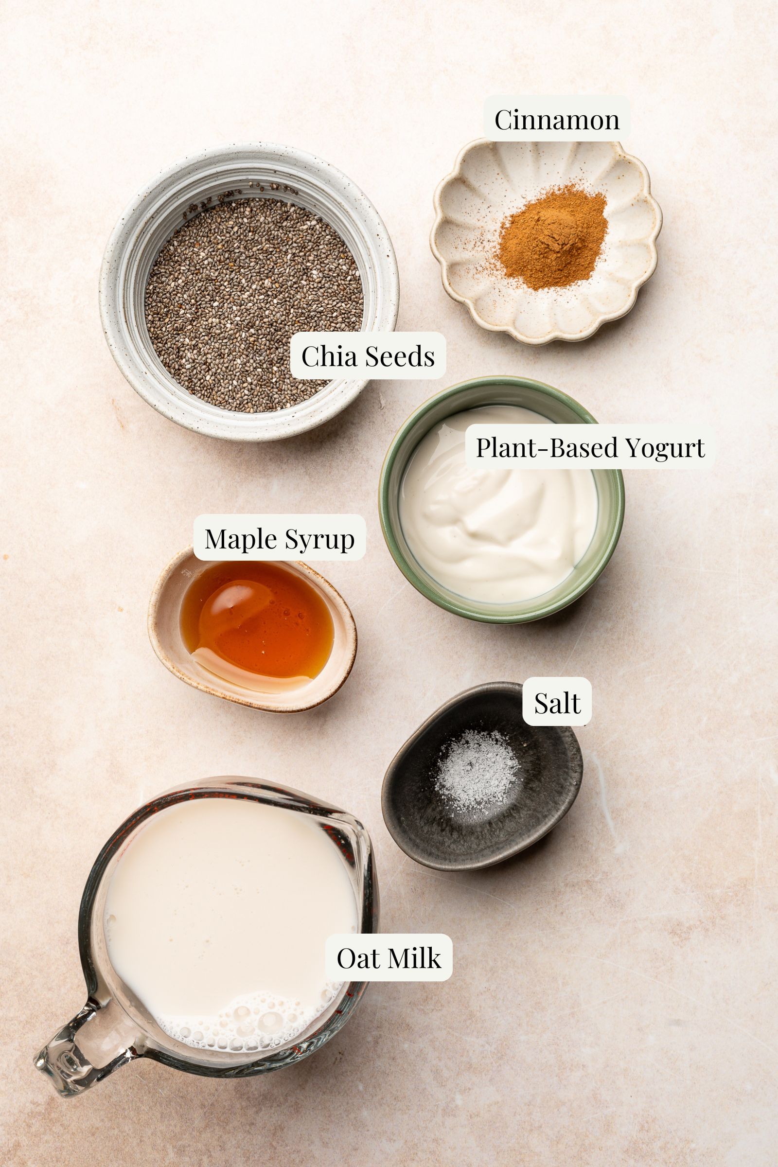 Labeled ingredients for oat milk chia pudding.