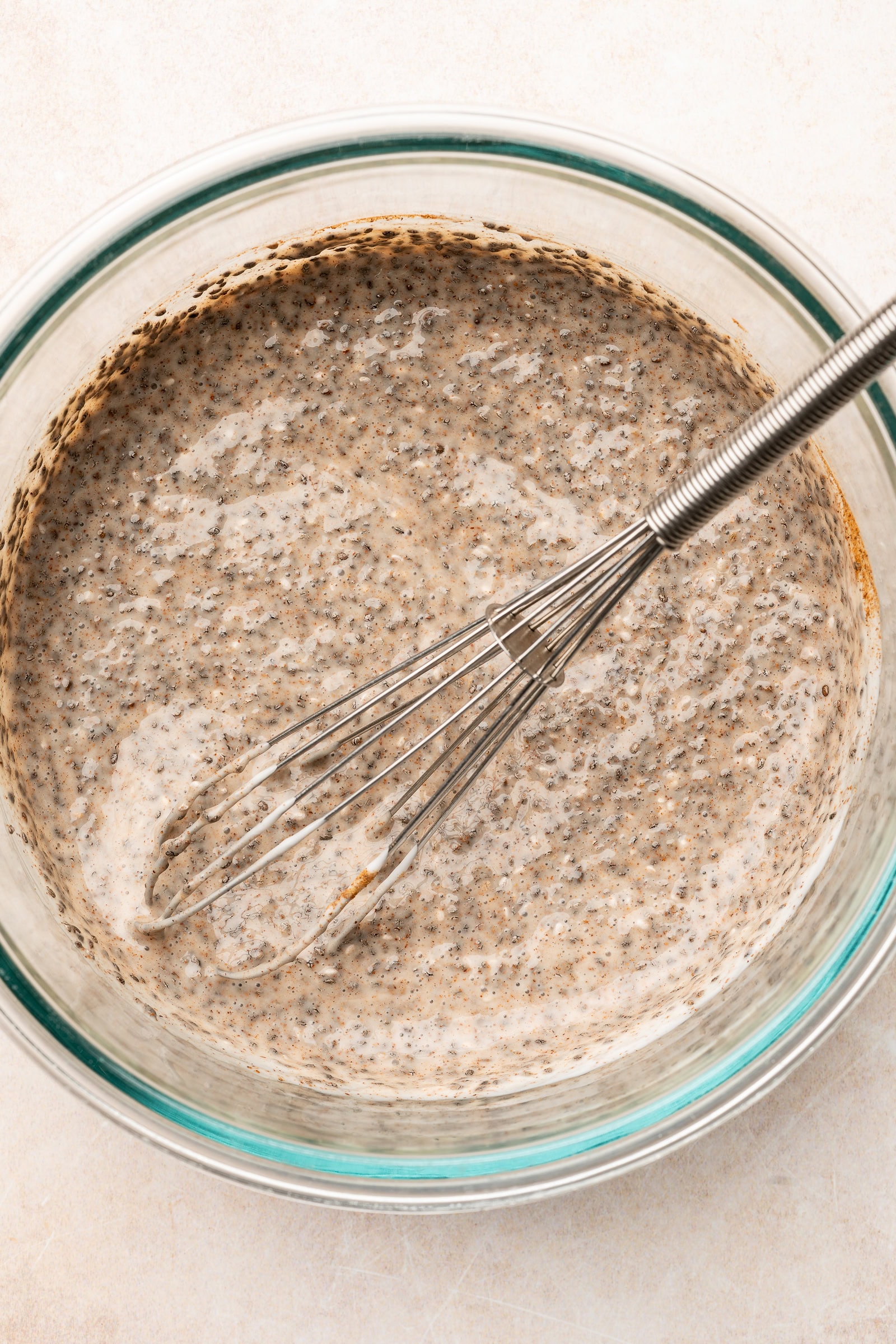 Chia seed mixture whisked together in bowl.