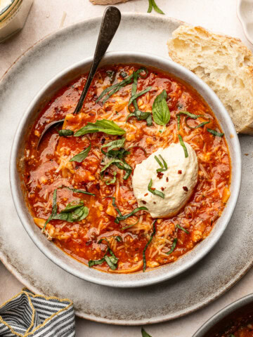 Lasagna soup in a serving bowl with vegan ricotta and garnished with basil.