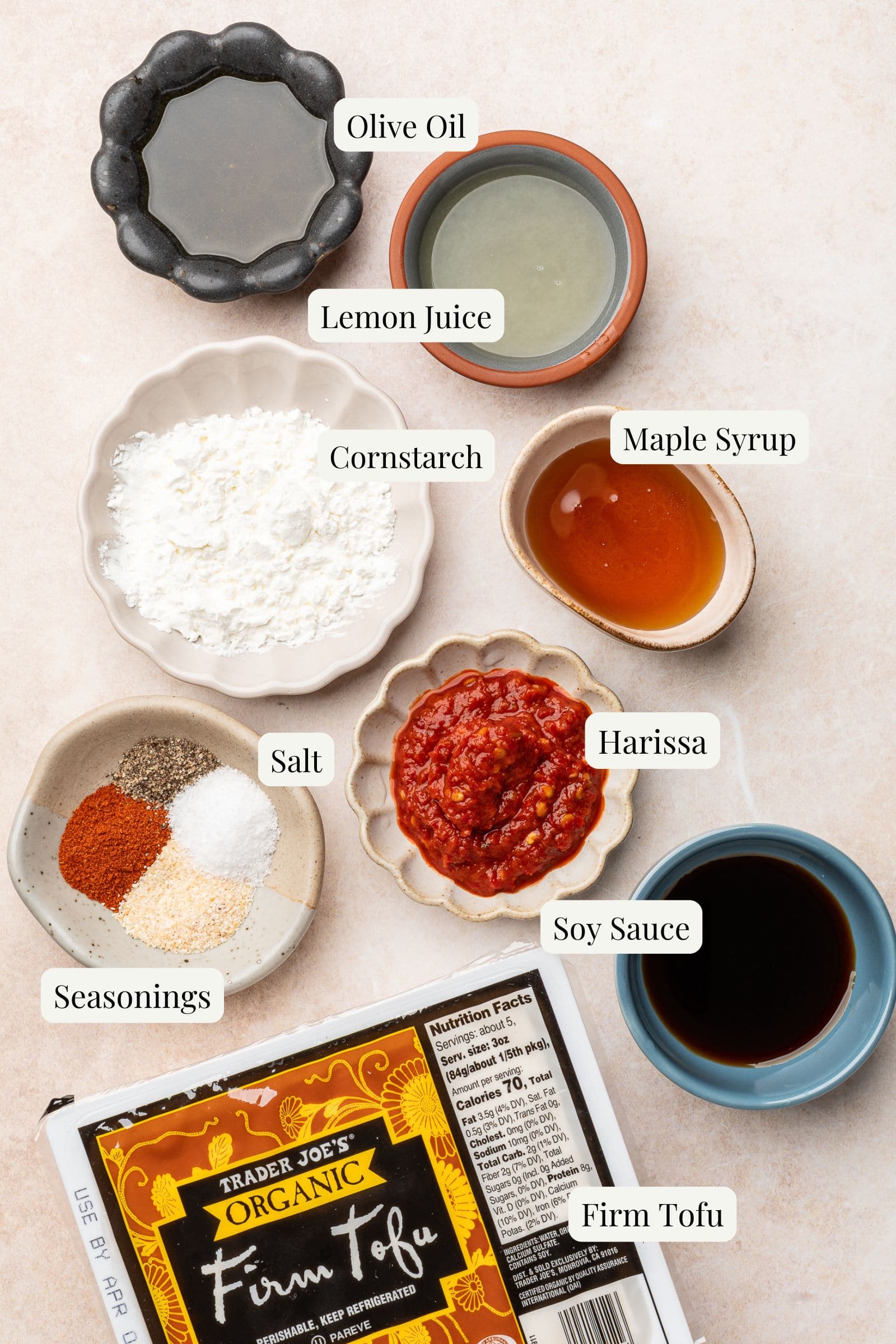 Labeled ingredients for harissa tofu.