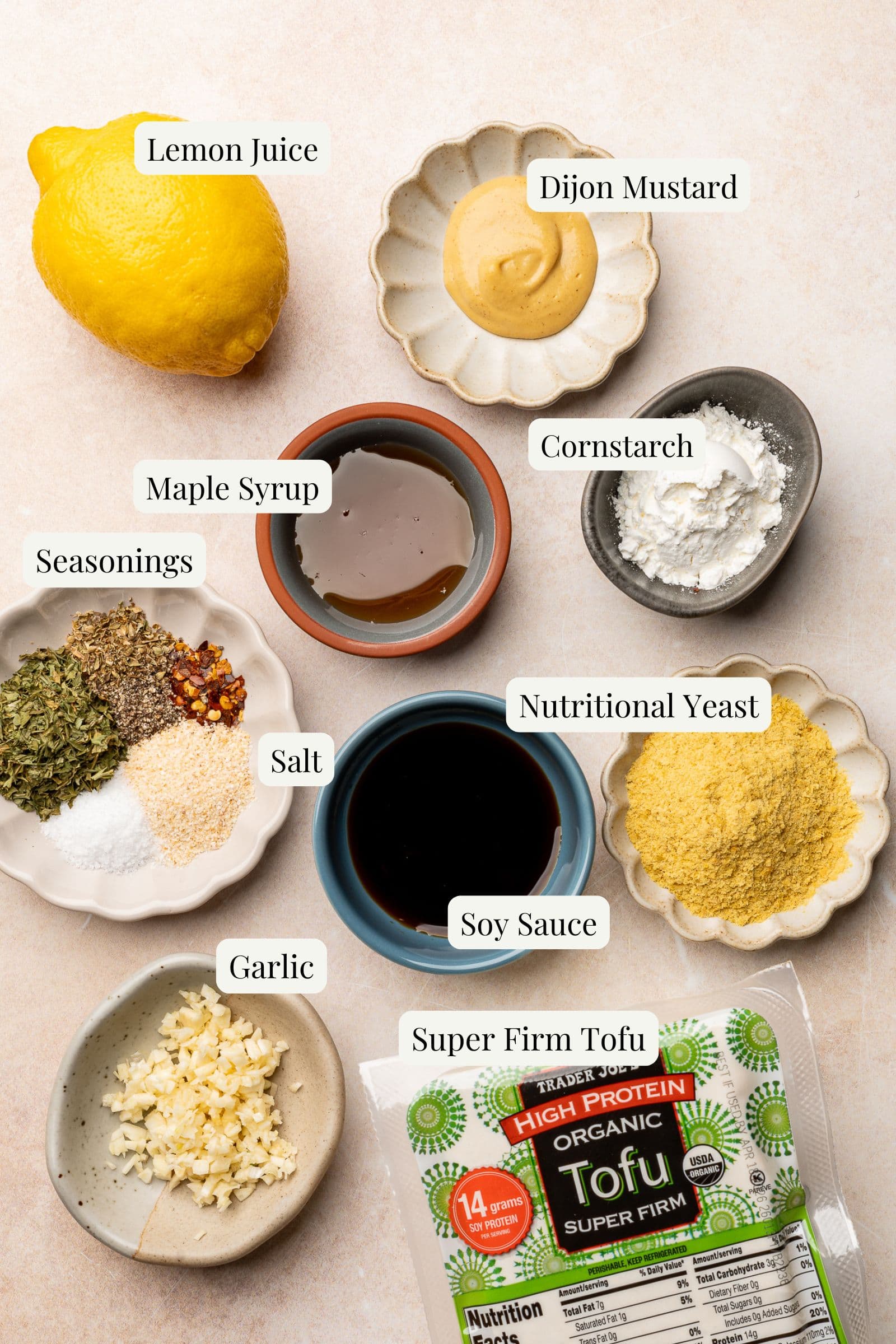 Labeled ingredients for lemon herb tofu.
