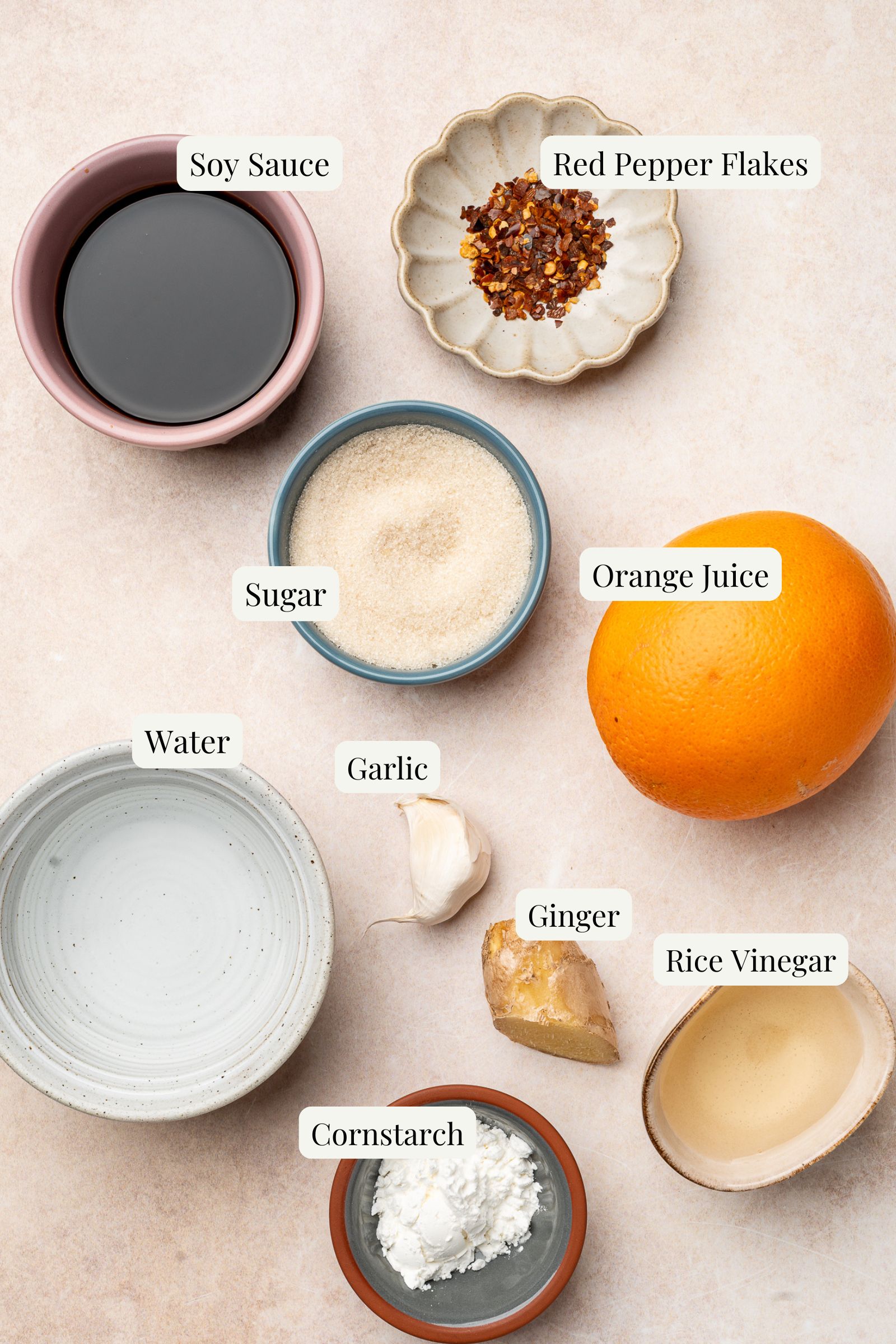 Labeled ingredients for orange teriyaki sauce.