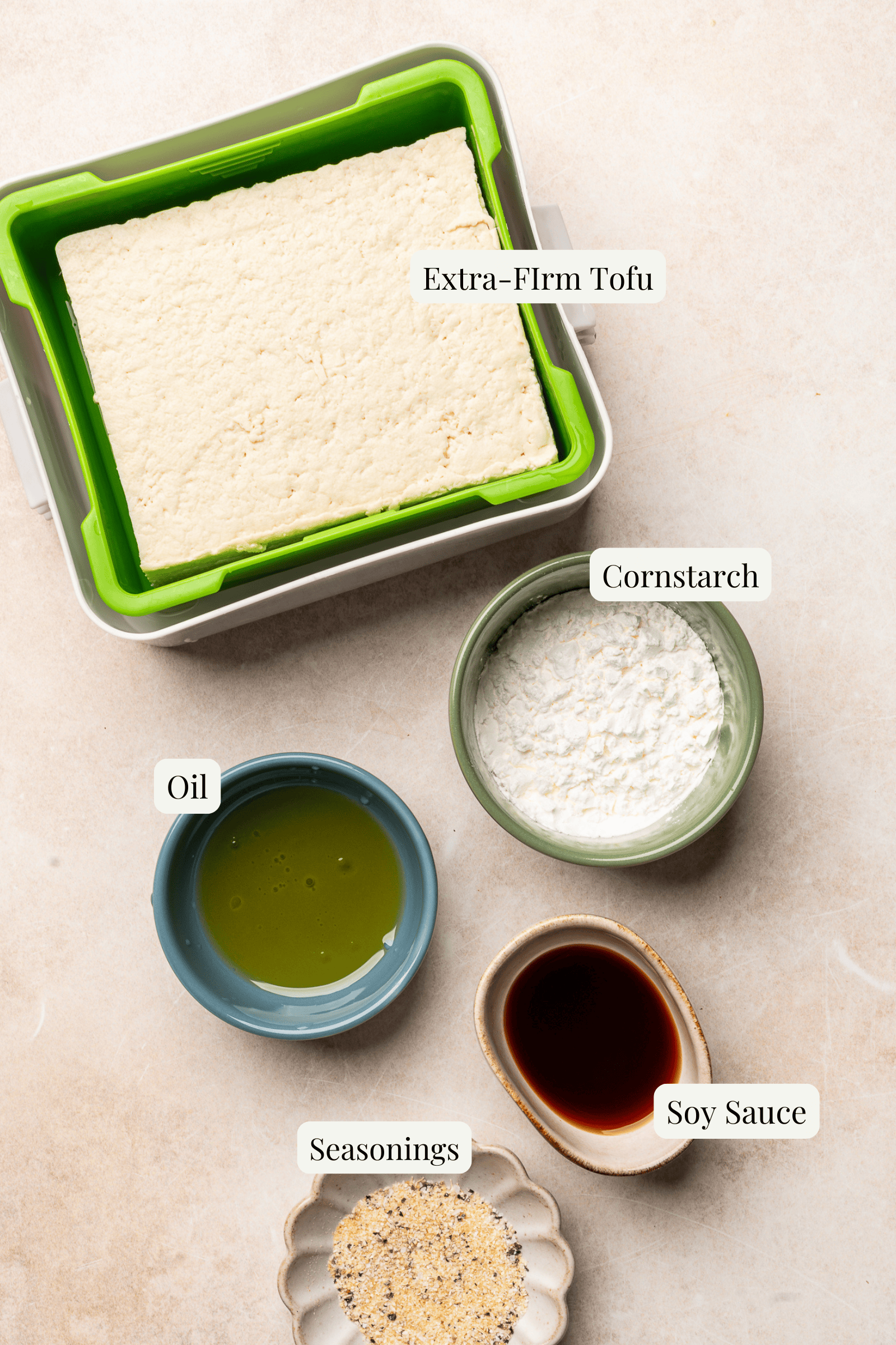 Labeled ingredients for crispy baked tofu.