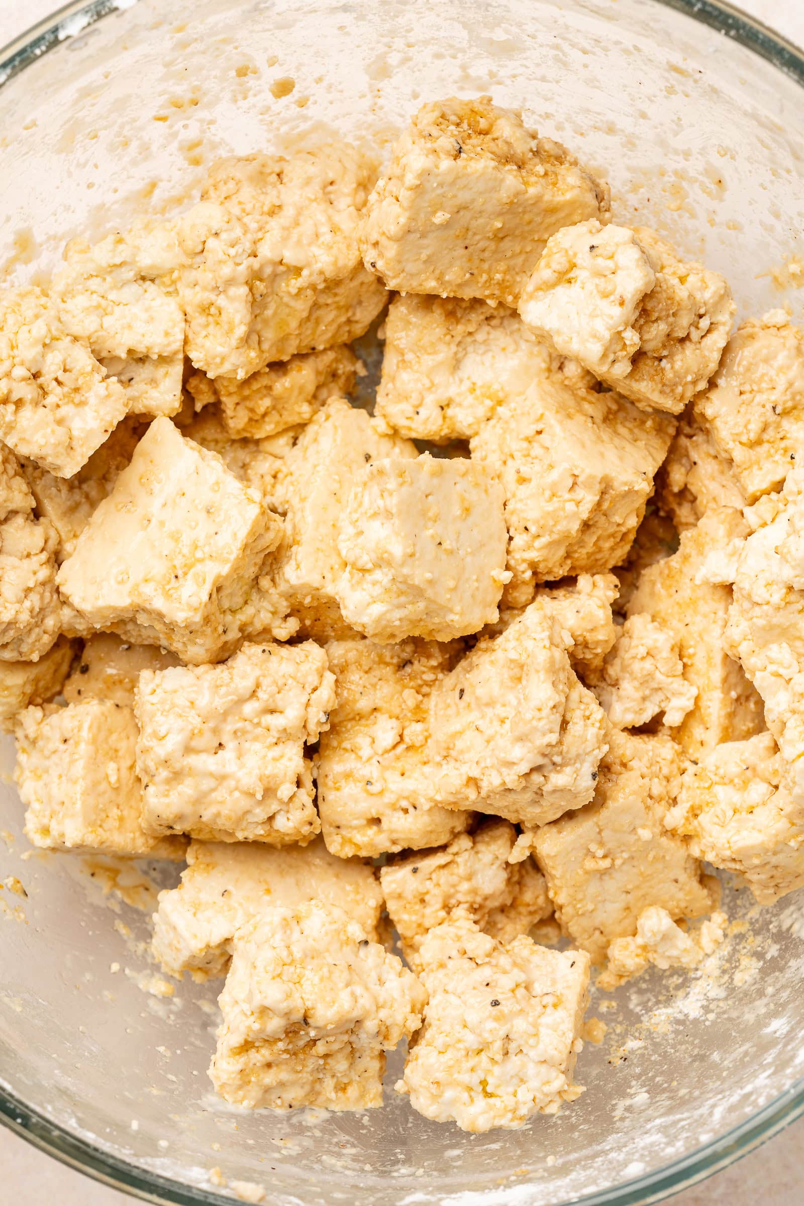 Tofu coated in cornstarch and seasonings and oil.