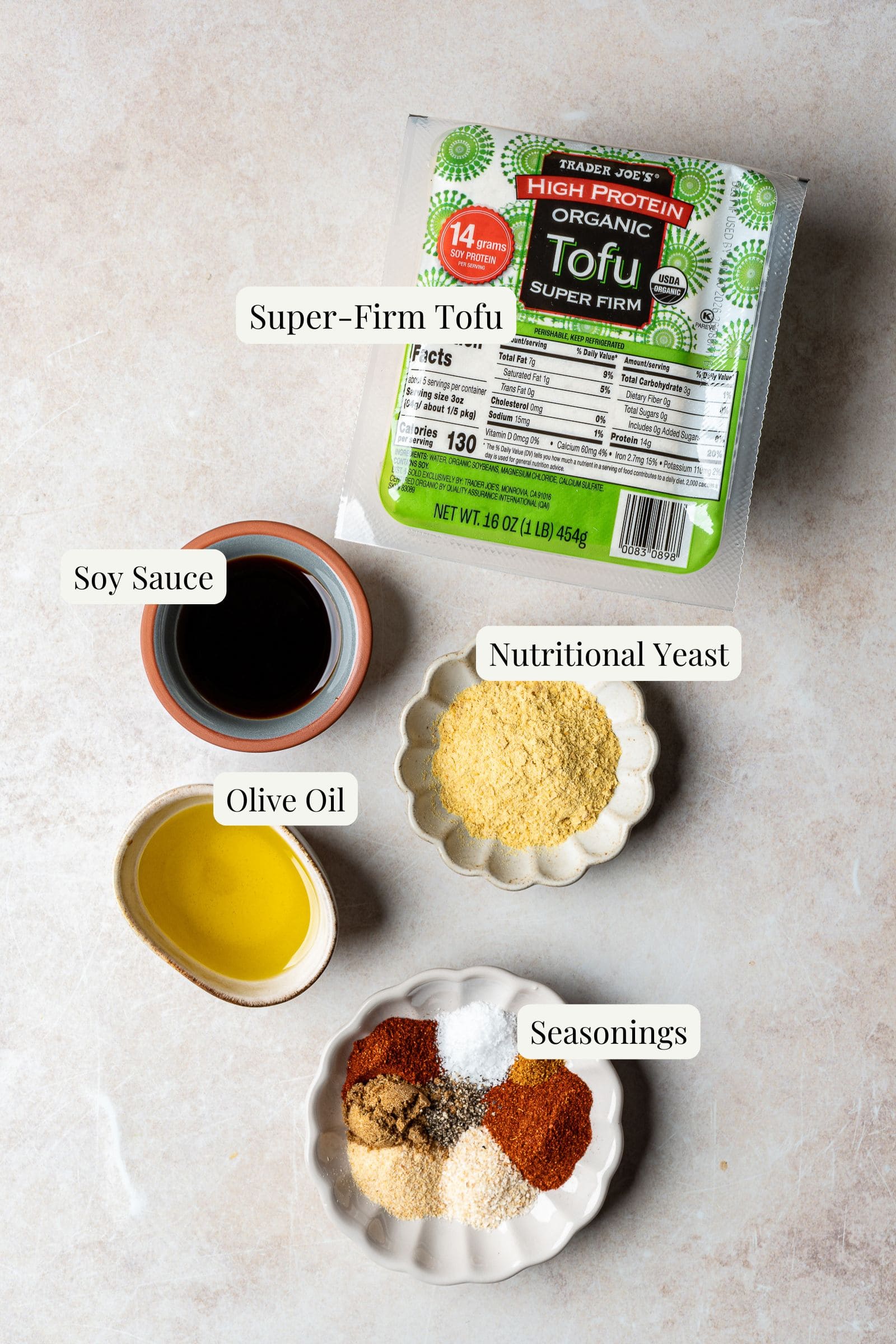 Labeled ingredients for tofu ground beef crumbles.
