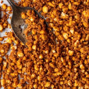 Close up of baked tofu crumbles.