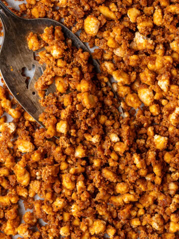 Close up of baked tofu crumbles.