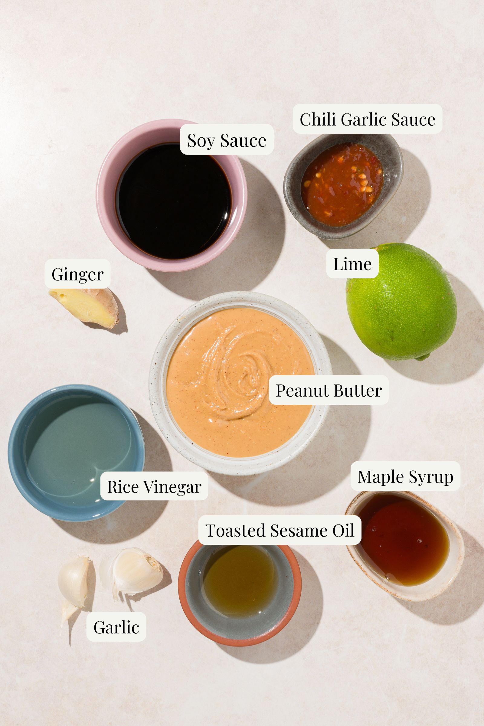 Labeled ingredients for vegan peanut sauce.
