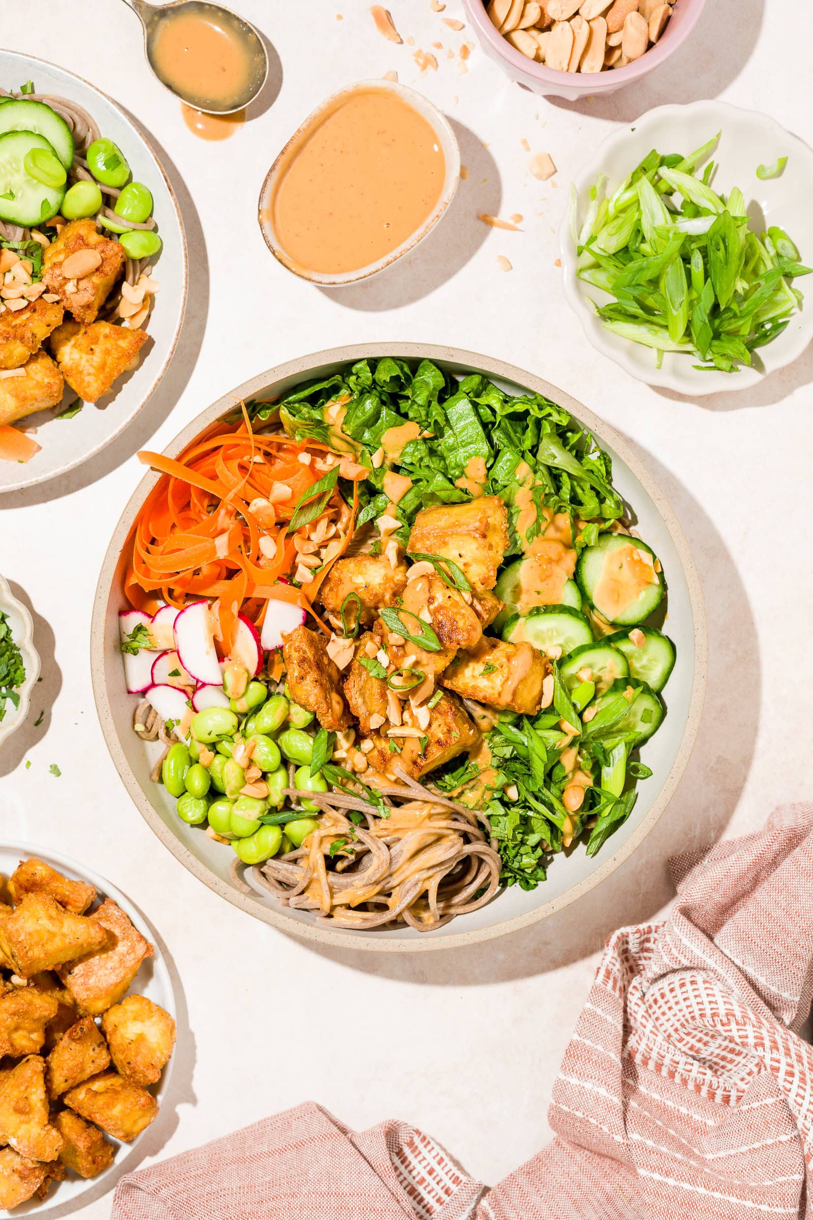 Bowl of soba noodles with crispy tofu and fresh vegetables and a drizzle of peanut sauce and garnished with green onions.