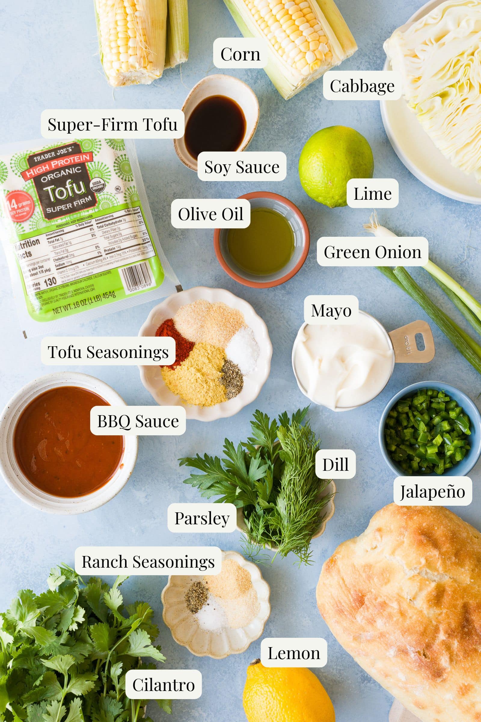 Labeled ingredients for bbq tofu sandwich.