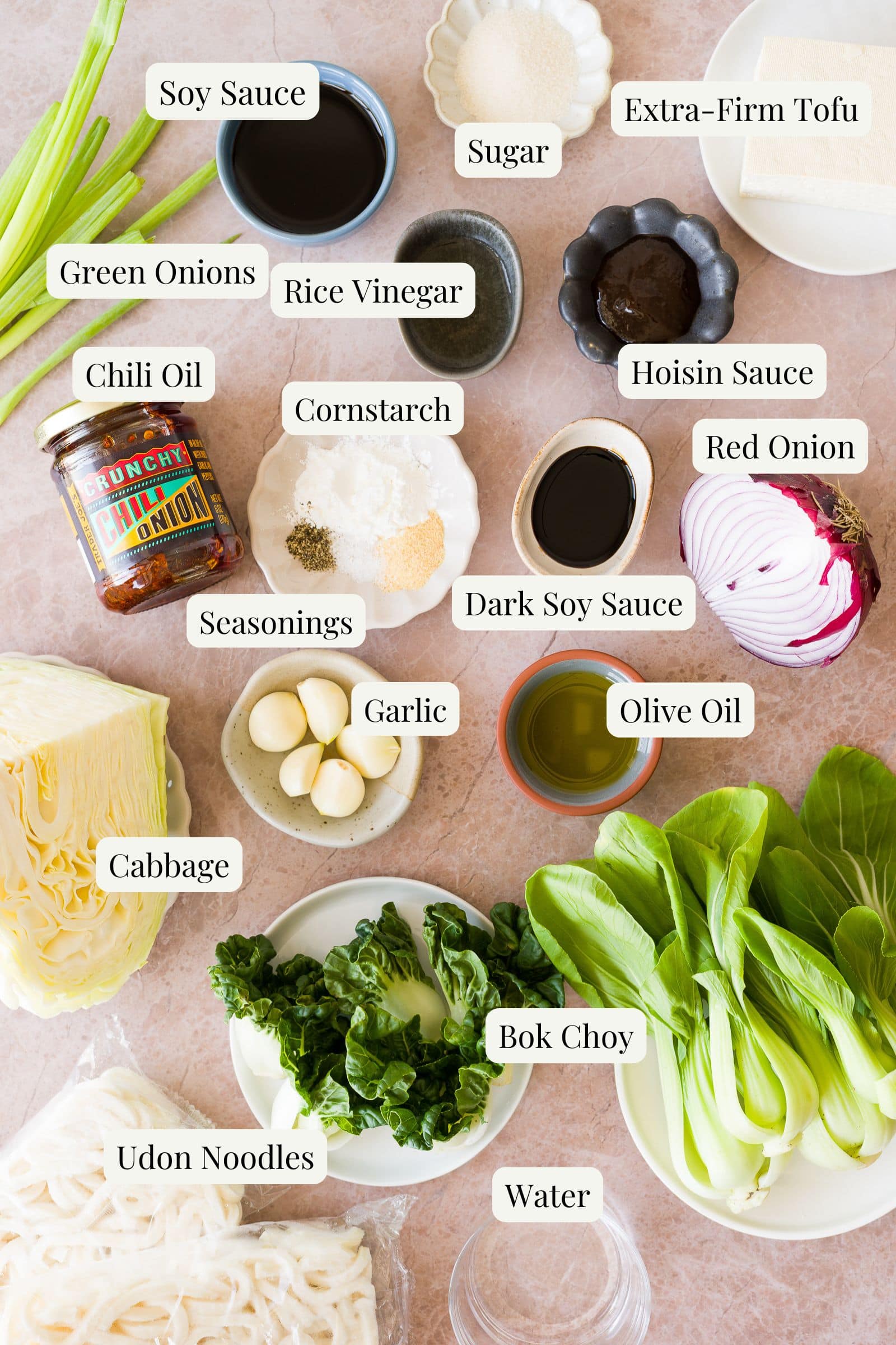 Labeled ingredients for chili garlic noodles.