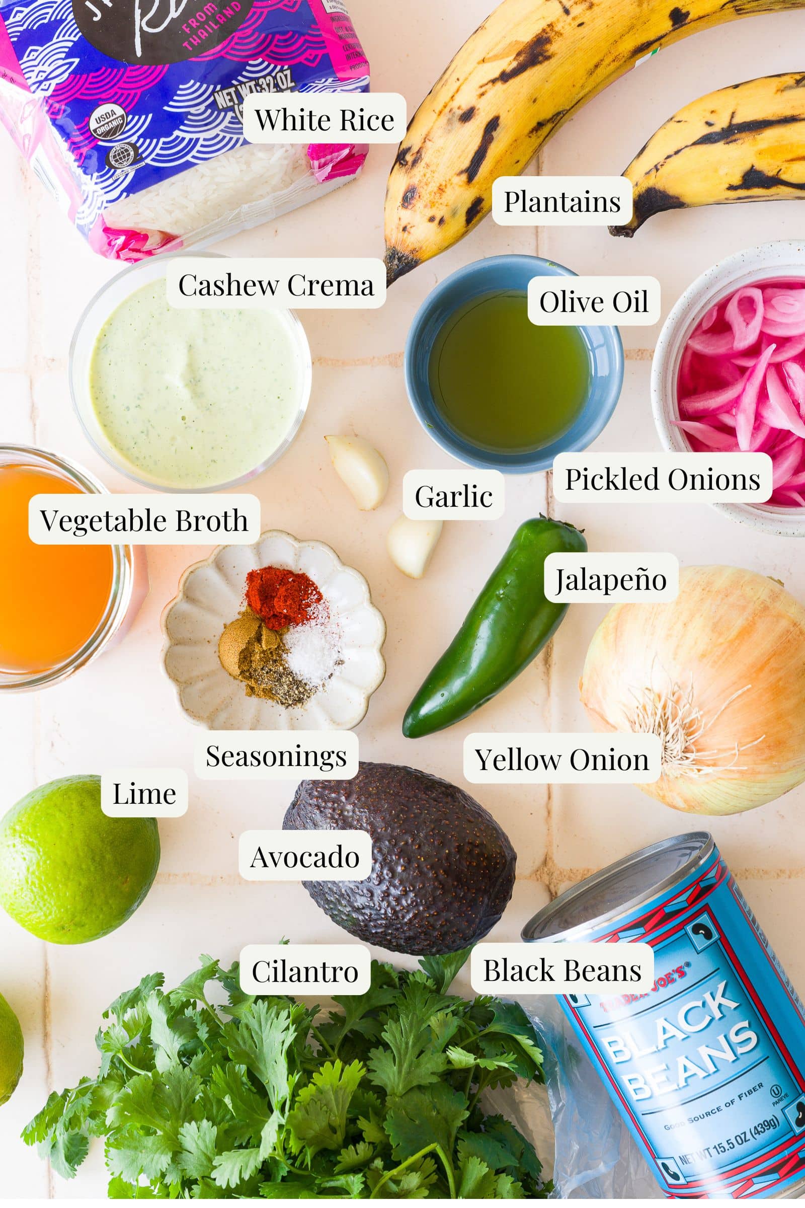 Labeled ingredients for black bean plantain bowls.